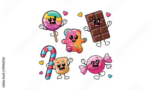 Cute Animated Candy Characters: Lollipop, Chocolate, Gummy Bear, Candy Cane