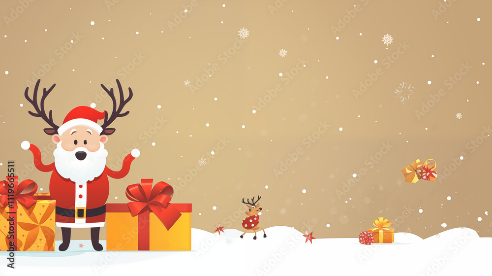 A cheerful reindeer in a Santa costume waves next to colorful Christmas gifts, surrounded by festive trees and falling snowflakes, creating a joyful holiday atmosphere. A cheerful reindeer in a Santa costume waves next to colorful Christmas gifts, surrounded by festive trees and falling snowflakes, creating a joyful holiday atmosphere.