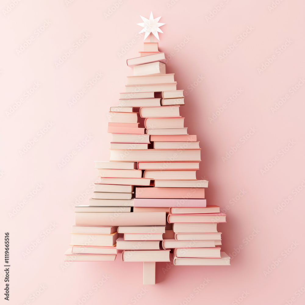 Artistic 3D Christmas tree created from stacked books on pastel background Artistic 3D Christmas tree created from stacked books on pastel background