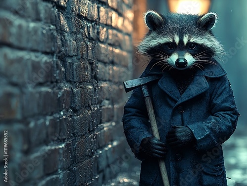 A Raccoon Burglar Lurking Under a Streetlamp at Night with a Crowbar photo