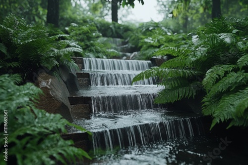 A serene forest scene with cascading waterfalls surrounded by lush ferns, creating a tranquil and verdant sanctuary in nature. photo