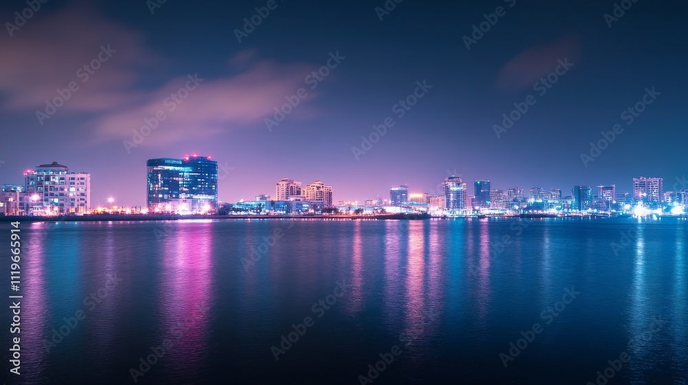 Obraz premium Panoramic view of Dubai Creek with the city's modern skyline illuminated at night