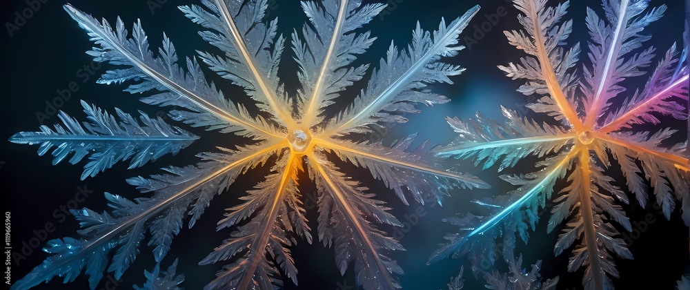 A close up of frost crystals forming intricate patterns on a windowpane refracting light into a spectrum of colors A close up of frost crystals forming intricate patterns on a windowpane refracting light into a spectrum of colors