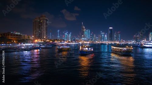 Panoramic view of Dubai Creek with the city's modern skyline illuminated at night