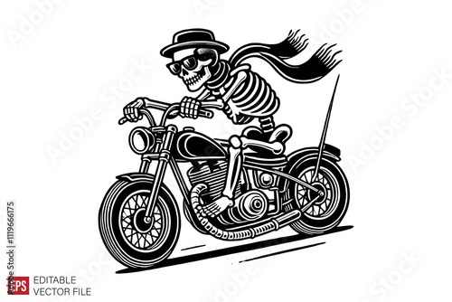 skeleton bikers riding motorcycle graphic flat illustration black and white design templates