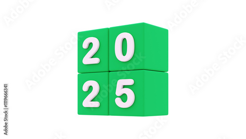 2025 happy new year 3d renderig of green cube with text isolated on white or  png transparent