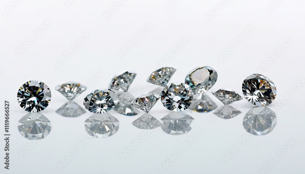 A variety of diamonds in different cuts and sizes arranged artfully, displaying their brilliance and reflections on a smooth surface under soft light A variety of diamonds in different cuts and sizes arranged artfully, displaying their brilliance and reflections on a smooth surface under soft light