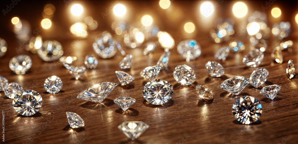 A collection of clear, sparkling diamonds lies scattered on a textured wooden surface, illuminated by warm ambient light, creating a festive and luxurious atmosphere