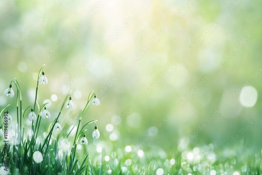 Snowdrop flowers bloom amidst a soft green background in early spring Snowdrop flowers bloom amidst a soft green background in early spring