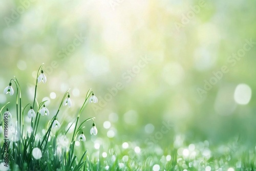 Snowdrop flowers bloom amidst a soft green background in early spring