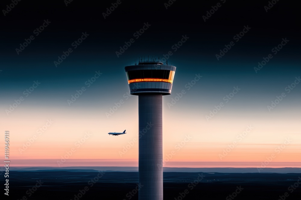 airport control tower, airplane soaring with airports air traffic control tower looming in the distance against a vast sky backdrop airport control tower, airplane soaring with airports air traffic control tower looming in the distance against a vast sky backdrop