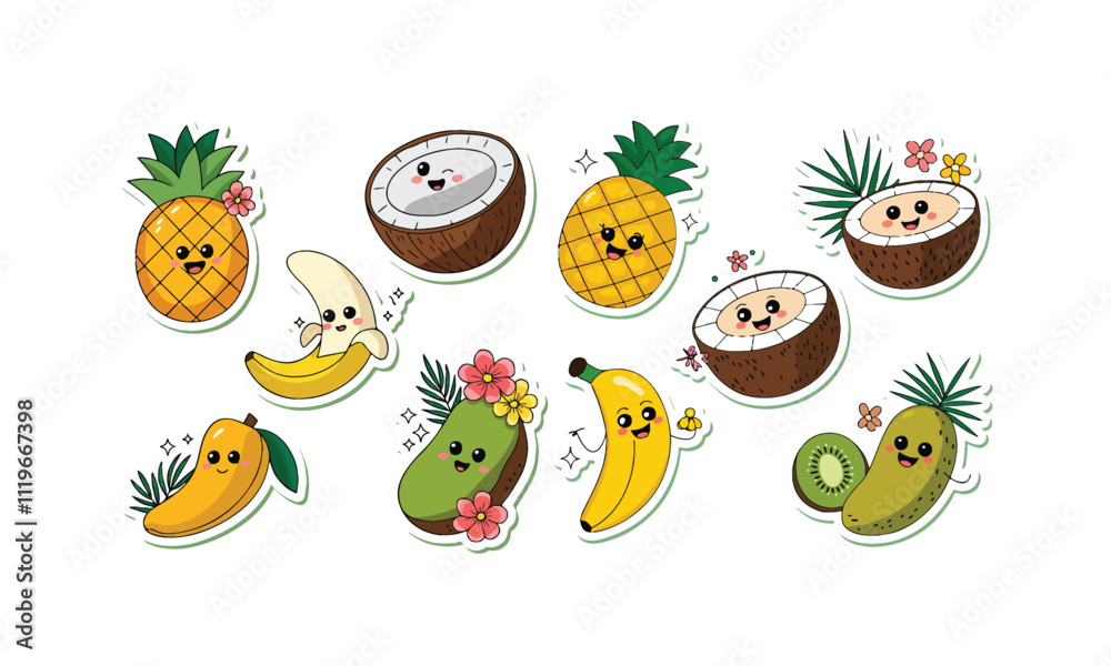 Set of 10 Cute Kawaii Fruit Illustrations, Pineapple, Banana, Coconut, Avocado Set of 10 Cute Kawaii Fruit Illustrations, Pineapple, Banana, Coconut, Avocado