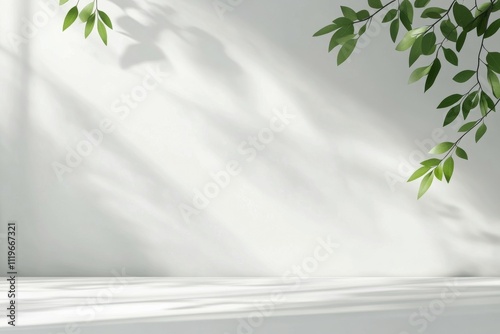 Bright interior corner with green leaves casting shadows on a white wall at midday