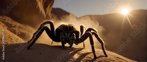 A close up of a tarantulas fangs as it crawls over a rock in golden desert light photo