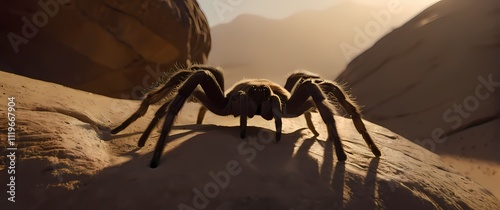 A close up of a tarantulas fangs as it crawls over a rock in golden desert light photo