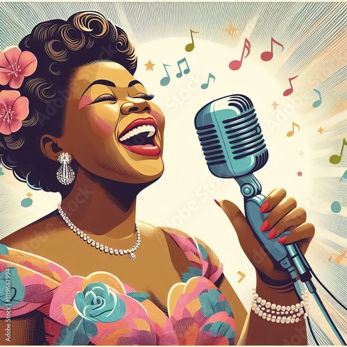 Ella Fitzgerald A lively colorful illustration highlighting her photo