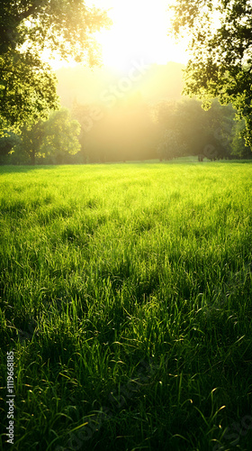 Sunlit green field at sunset.