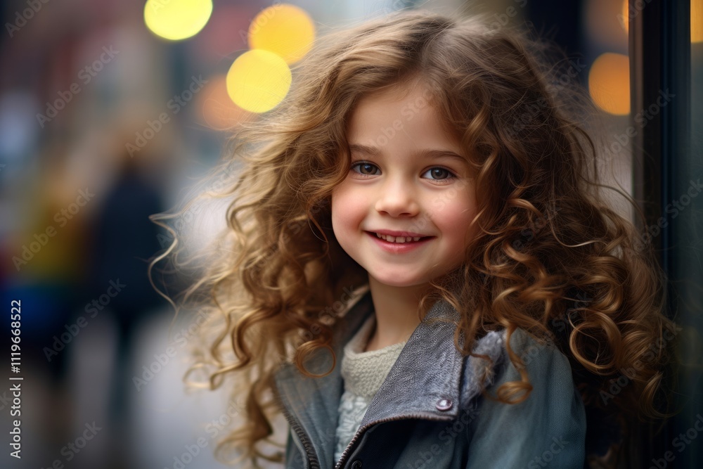 Portrait of a cute little girl with curly hair on the street. Portrait of a cute little girl with curly hair on the street.