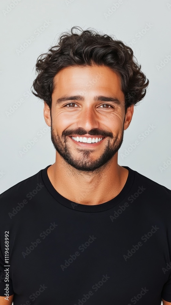 Smiling man with curly hair wearing black shirt against gray wall Smiling man with curly hair wearing black shirt against gray wall