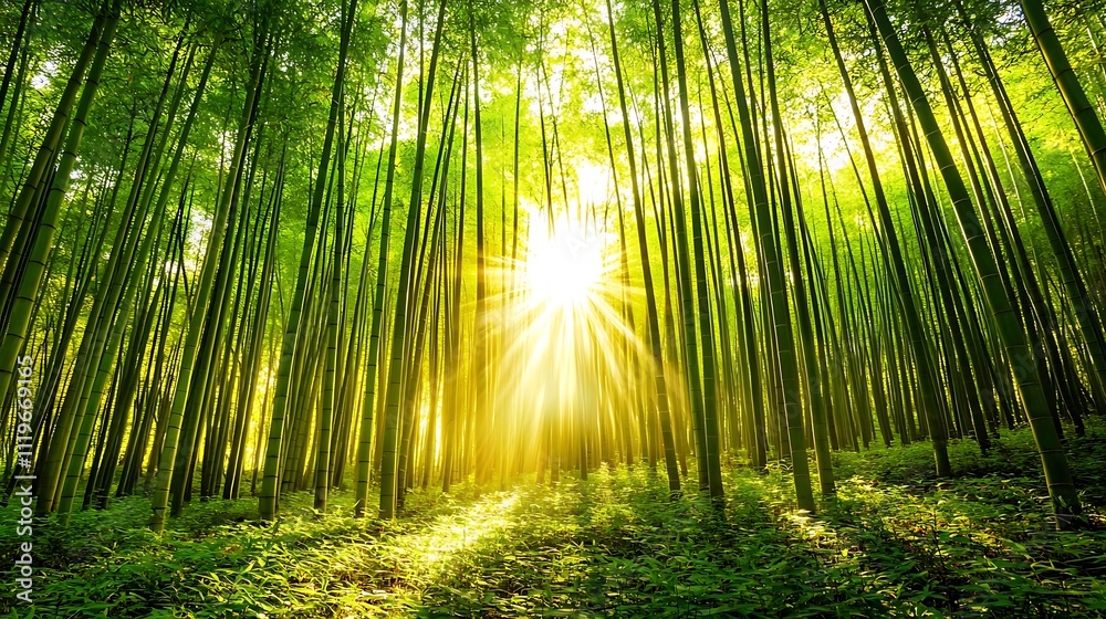 Fototapeta premium A forest with a sun shining through the trees