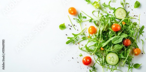 Fresh salad ingredients including greens, cherry tomatoes, and cucumber arranged on a white surface.