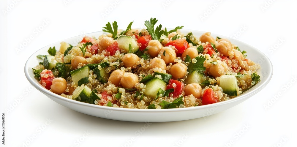 A vibrant quinoa salad with chickpeas, tomatoes, cucumbers, and herbs in a white bowl. A vibrant quinoa salad with chickpeas, tomatoes, cucumbers, and herbs in a white bowl.