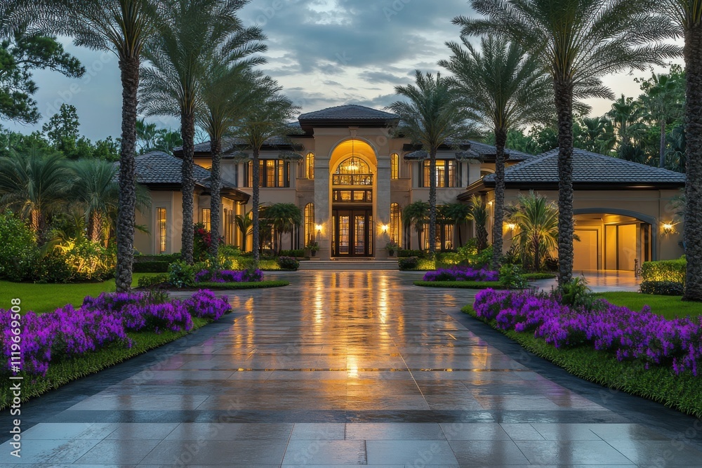 Fototapeta premium Luxurious modern mansion grand entrance symmetrical facade