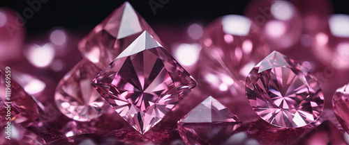 Delicate pink gemstones are scattered across a reflective surface, showcasing their intricate cuts and sparkling brilliance. The light enhances their beauty and uniqueness photo