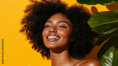 Close up Beauty portrait of african american woman with clean healthy dark skin on neutral background. Smiling dreamy beautiful afro haitstyle girl. Curly black hair. photo