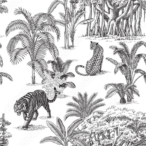 Jungle toile jungle seamless pattern. Tropical palm tree, plants, tiger, leopard animals wallpaper.	