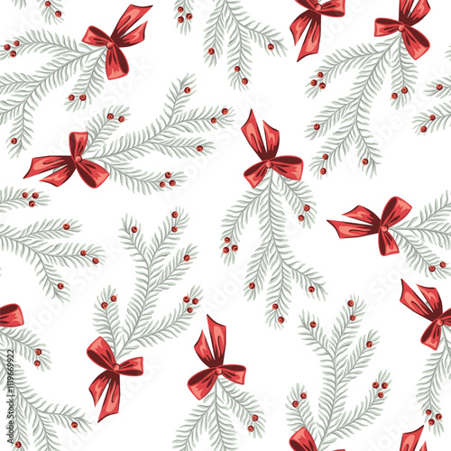 White fir branch, red bow seamless pattern. Merry Christmas, New Year wallpaper.	