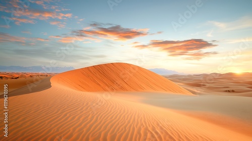 The serene desert valley at dusk is a breathtaking sight to behold, with soft shadows delicately dancing across the sculpted sand dunes under a fiery sunset.