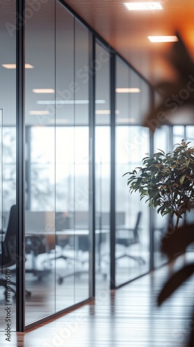 Modern office building interior with glass walls and polished floors in vibrant light