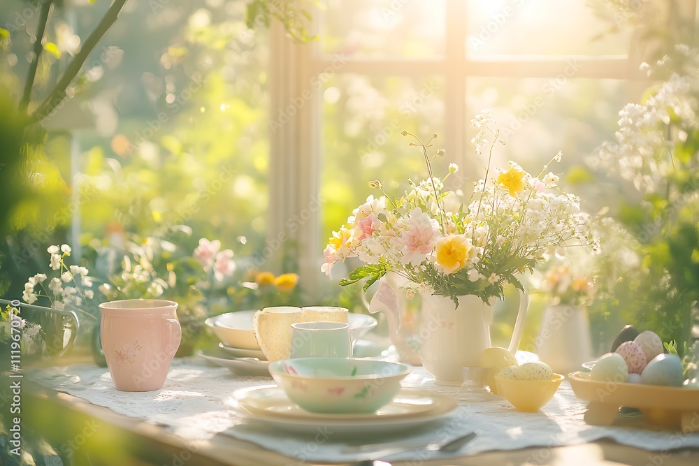A Beautiful Garden Party Setup for Easter with Flowers and Festive Decorations A Beautiful Garden Party Setup for Easter with Flowers and Festive Decorations