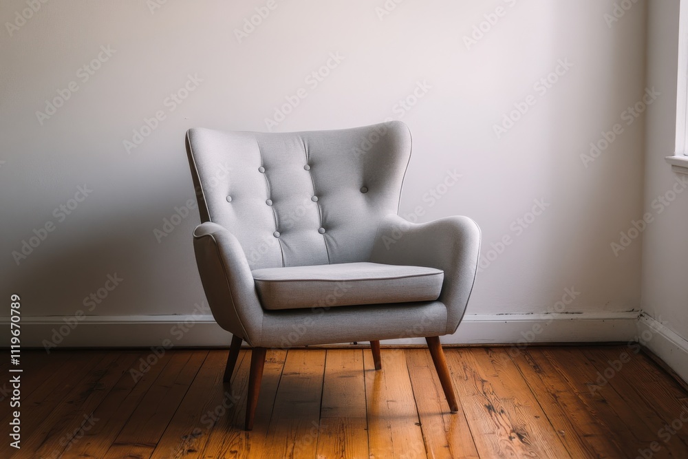 Mid century modern armchair contoured gray upholstery Mid century modern armchair contoured gray upholstery