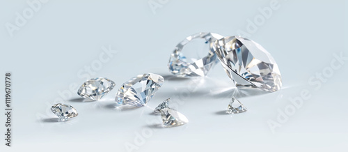 Multiple sparkling diamonds of various sizes are arranged artistically on a soft, light-colored surface, showcasing their unique cuts and exceptional clarity in the light