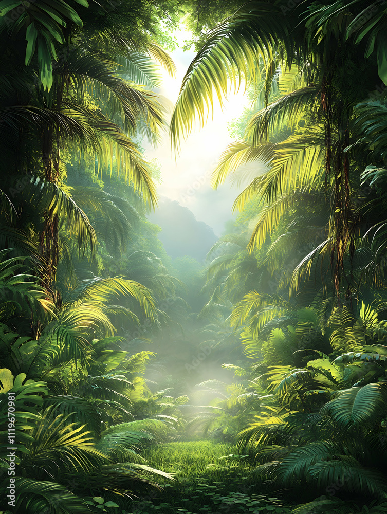Lush green tropical jungle path with sunlight. Lush green tropical jungle path with sunlight.