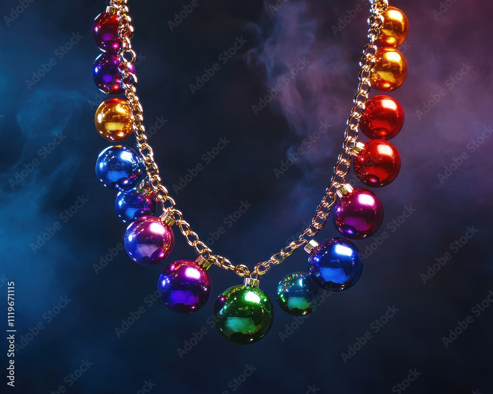 Colorful necklace with rainbow beads against a smoky background displayed Colorful necklace with rainbow beads against a smoky background displayed