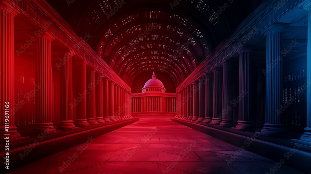 Financial data, government building. A visually striking corridor with classical columns illuminated in red and blue hues, creating a dramatic and atmospheric perspective. Financial data, government building. A visually striking corridor with classical columns illuminated in red and blue hues, creating a dramatic and atmospheric perspective.