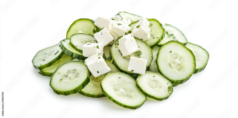A fresh arrangement of cucumber slices topped with cubes of cheese. A fresh arrangement of cucumber slices topped with cubes of cheese.