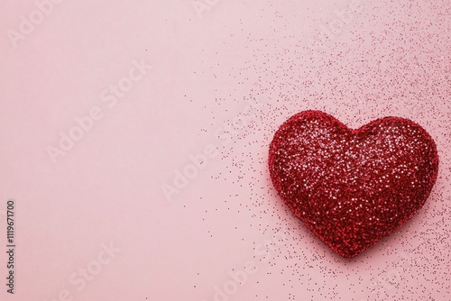 Glittering red heart decoration on a soft pink background for celebrations and events