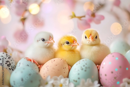 Cute Baby Chicks Hatching from Easter Eggs in a Nest photo