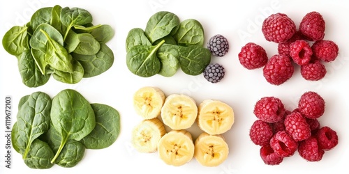 A colorful arrangement of spinach, bananas, and raspberries for healthy eating.