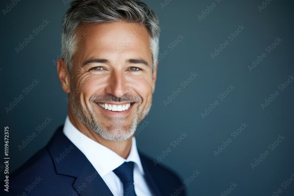 Middle aged man salt and pepper hair friendly smile white teeth navy blue suit jacket Middle aged man salt and pepper hair friendly smile white teeth navy blue suit jacket