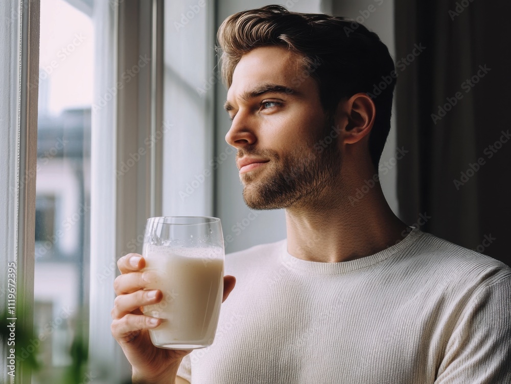 Man holding a glass of rice drink, contemplating its effectiveness for weight loss Man holding a glass of rice drink, contemplating its effectiveness for weight loss