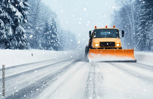 Snow plow clears the road during heavy winter storm in a quiet forest