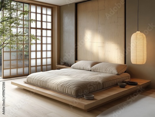 Modern interpretation of a traditional Japanese futon bedroom with natural materials and minimalist design