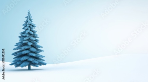 Snowy Winter Scene with Blue Christmas Tree on Calm Background
