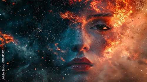 Creative fiery portrait blending a face with fire and stars