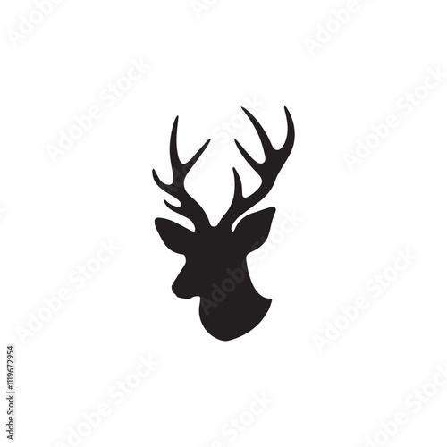 A black and white deer head silhouette vector design in white background.